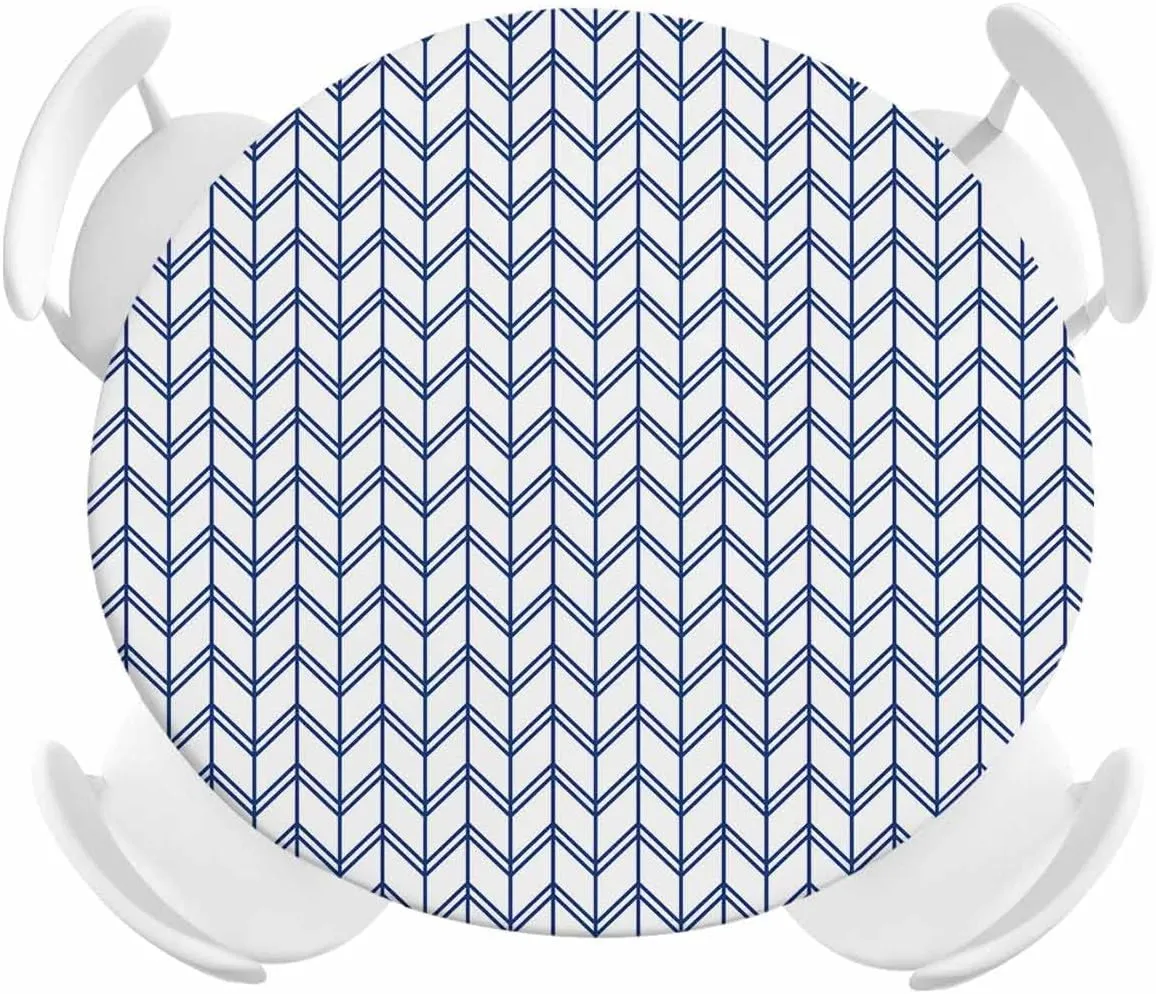 Round Fitted Tablecloth Abstract Herringbone Stripes Waterproof Table Cover for Indoor Outdoor Holiday Party Modern Navy Blue White Zigzag Elastic Edged Tablecloths Fit Up 45"-54" Tables