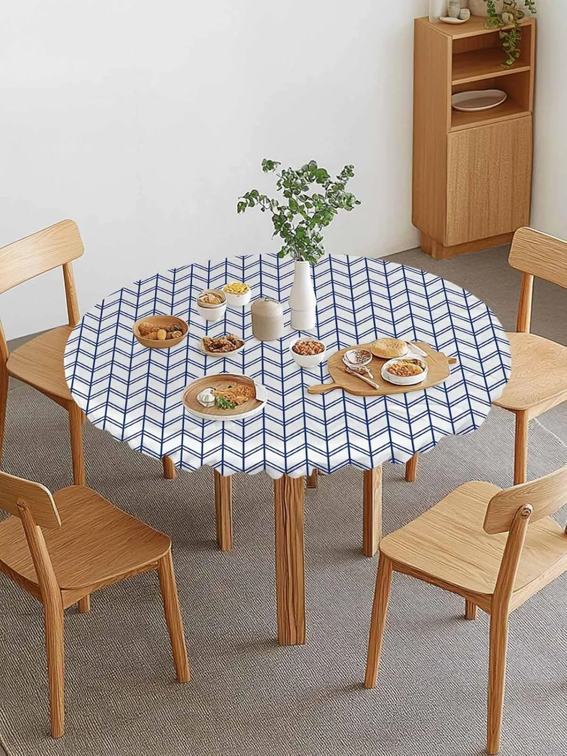 Round Fitted Tablecloth Abstract Herringbone Stripes Waterproof Table Cover for Indoor Outdoor Holiday Party Modern Navy Blue White Zigzag Elastic Edged Tablecloths Fit Up 45"-54" Tables
