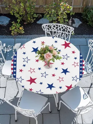Round Fitted Tablecloth - American Red White Blue Star Waterproof Table Cover for Indoor Outdoor Holiday Party, Patriotic Stripes Elastic Edged Tablecloths Fit Up 55"-60" Tables