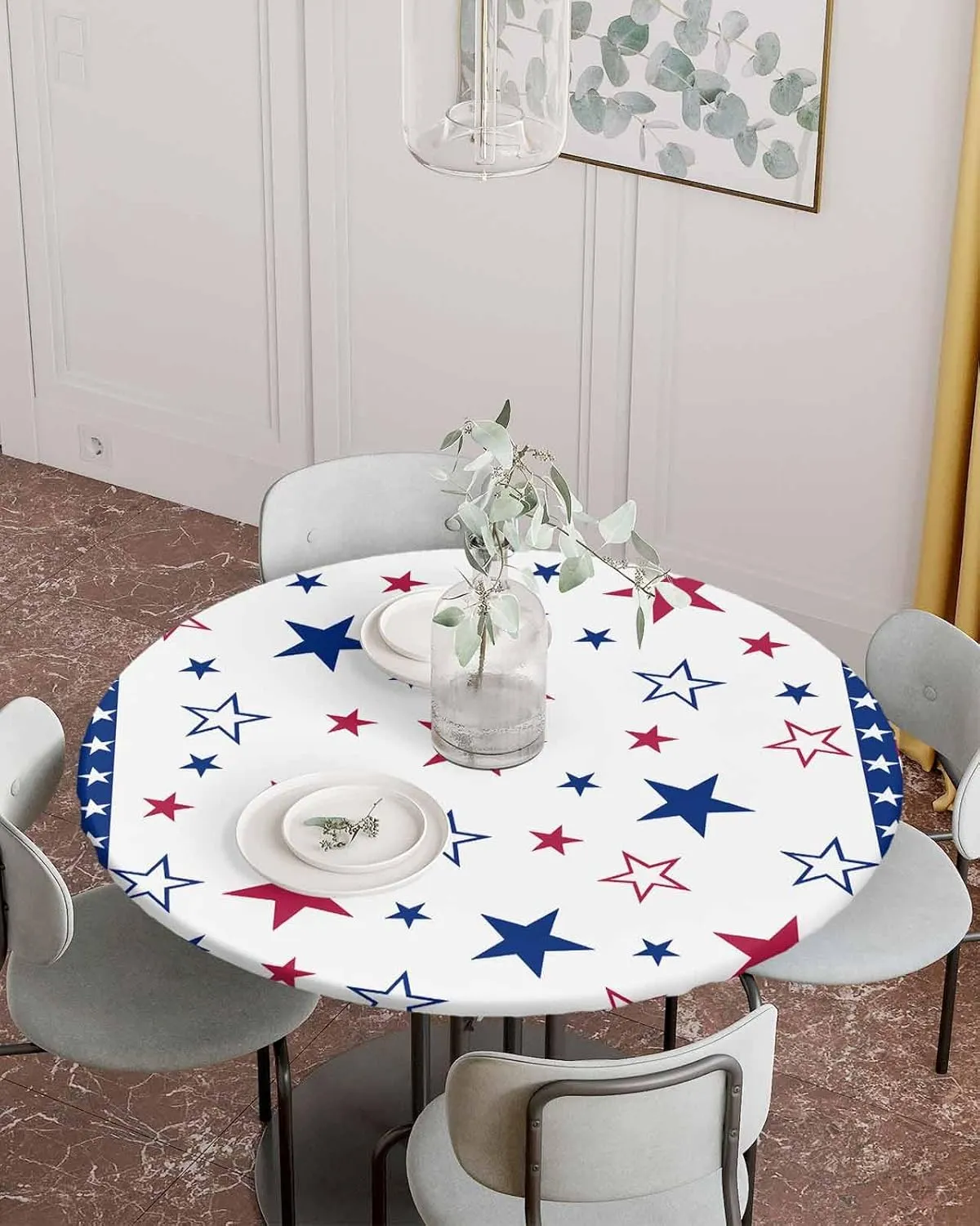 Round Fitted Tablecloth - American Red White Blue Star Waterproof Table Cover for Indoor Outdoor Holiday Party, Patriotic Stripes Elastic Edged Tablecloths Fit Up 55"-60" Tables