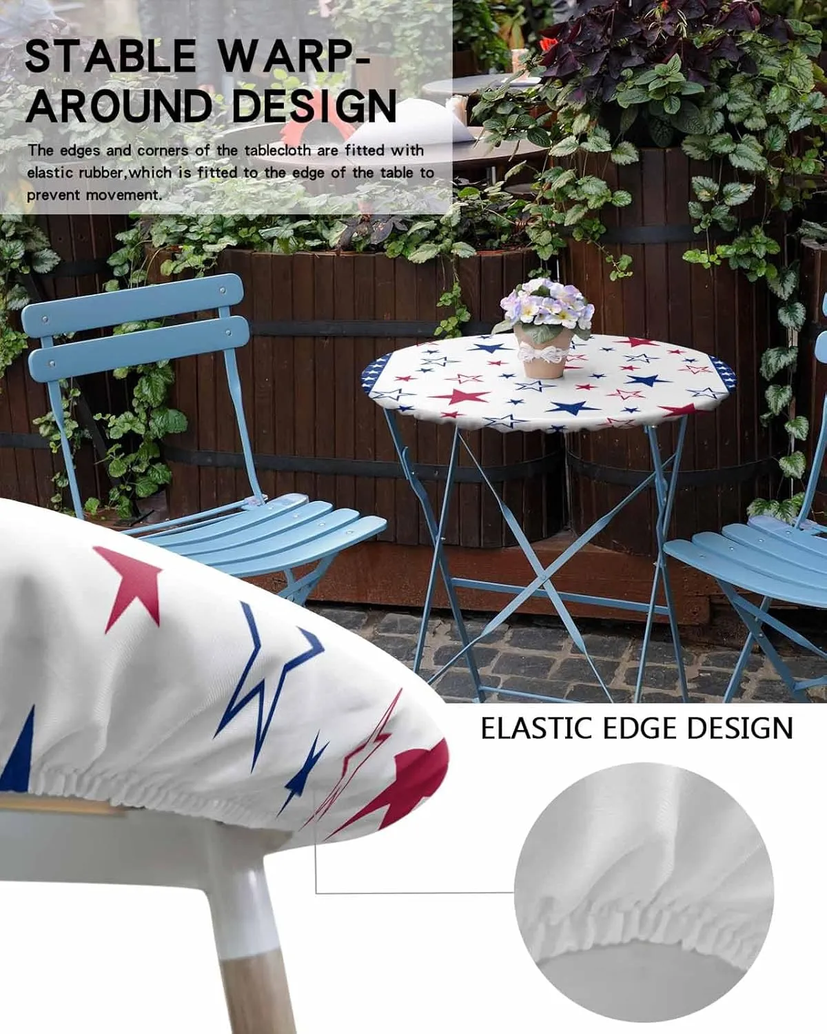 Round Fitted Tablecloth - American Red White Blue Star Waterproof Table Cover for Indoor Outdoor Holiday Party, Patriotic Stripes Elastic Edged Tablecloths Fit Up 55"-60" Tables