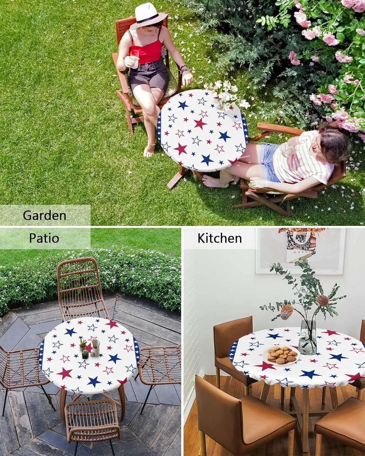 Round Fitted Tablecloth - American Red White Blue Star Waterproof Table Cover for Indoor Outdoor Holiday Party, Patriotic Stripes Elastic Edged Tablecloths Fit Up 55"-60" Tables
