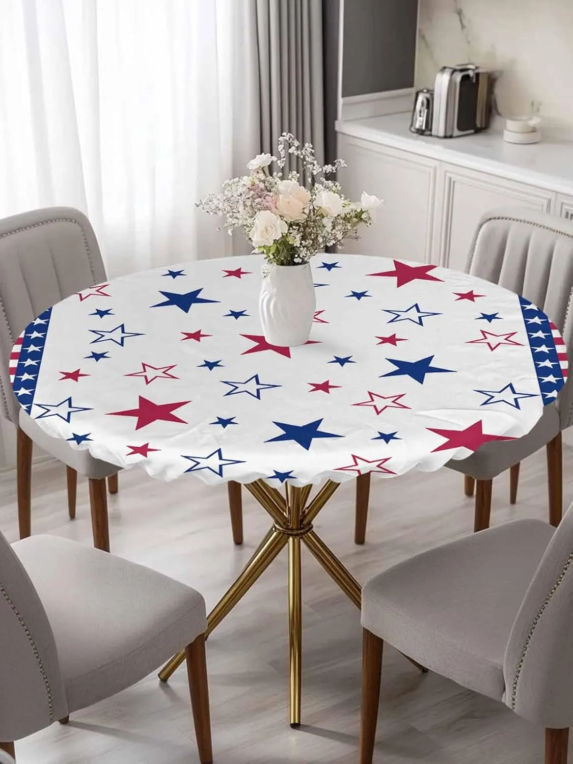 Round Fitted Tablecloth - American Red White Blue Star Waterproof Table Cover for Indoor Outdoor Holiday Party, Patriotic Stripes Elastic Edged Tablecloths Fit Up 55"-60" Tables