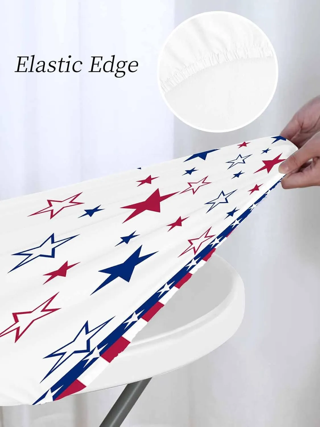 Round Fitted Tablecloth - American Red White Blue Star Waterproof Table Cover for Indoor Outdoor Holiday Party, Patriotic Stripes Elastic Edged Tablecloths Fit Up 55"-60" Tables