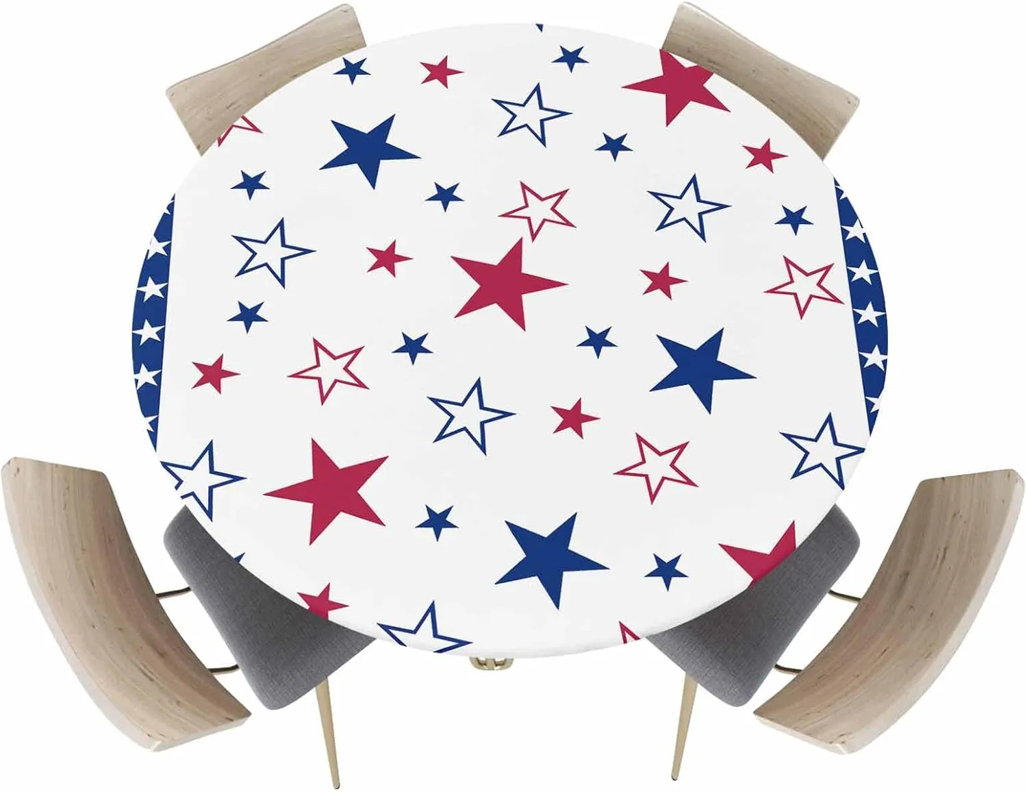 Round Fitted Tablecloth - American Red White Blue Star Waterproof Table Cover for Indoor Outdoor Holiday Party, Patriotic Stripes Elastic Edged Tablecloths Fit Up 55"-60" Tables