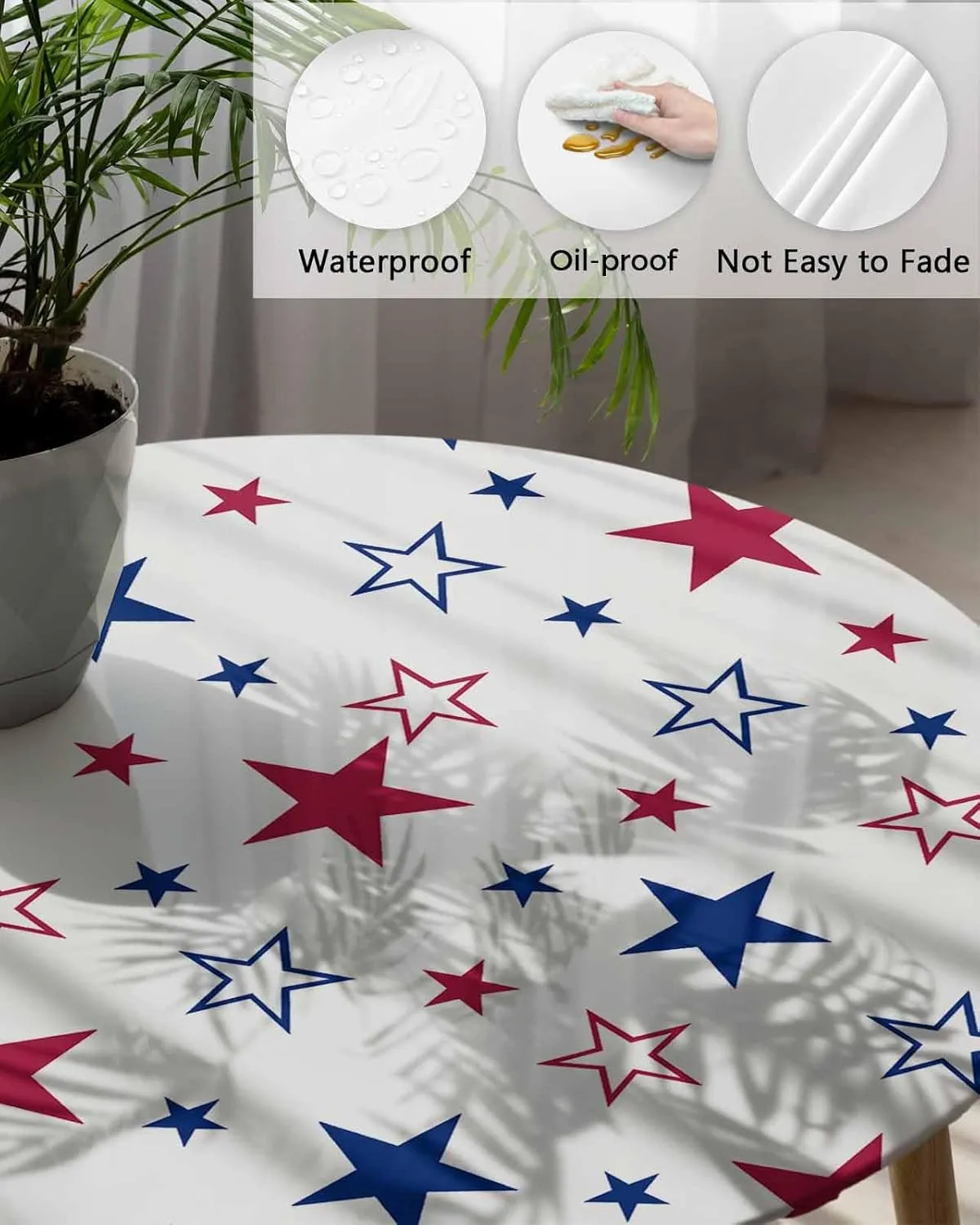 Round Fitted Tablecloth - American Red White Blue Star Waterproof Table Cover for Indoor Outdoor Holiday Party, Patriotic Stripes Elastic Edged Tablecloths Fit Up 55"-60" Tables