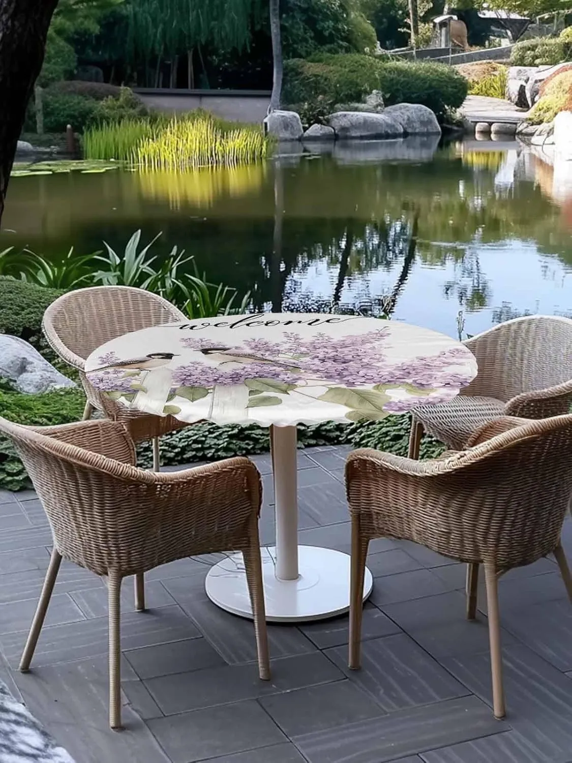 Round Fitted Tablecloth Farm Bird Purple Flowers Waterproof Table Cover for Indoor Outdoor Holiday Party Welcome Summer Lavender Leaves Elastic Edged Tablecloths Fit Up 45"-54" Tables