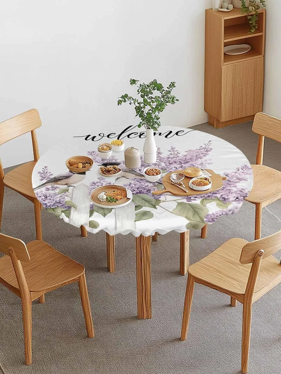 Round Fitted Tablecloth Farm Bird Purple Flowers Waterproof Table Cover for Indoor Outdoor Holiday Party Welcome Summer Lavender Leaves Elastic Edged Tablecloths Fit Up 45"-54" Tables