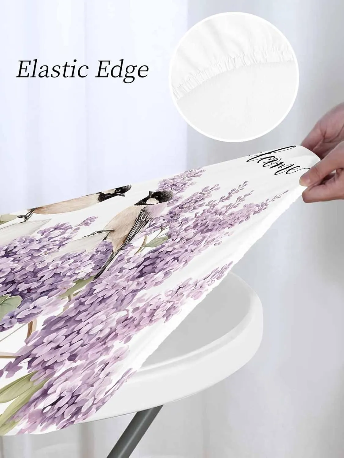 Round Fitted Tablecloth Farm Bird Purple Flowers Waterproof Table Cover for Indoor Outdoor Holiday Party Welcome Summer Lavender Leaves Elastic Edged Tablecloths Fit Up 45"-54" Tables