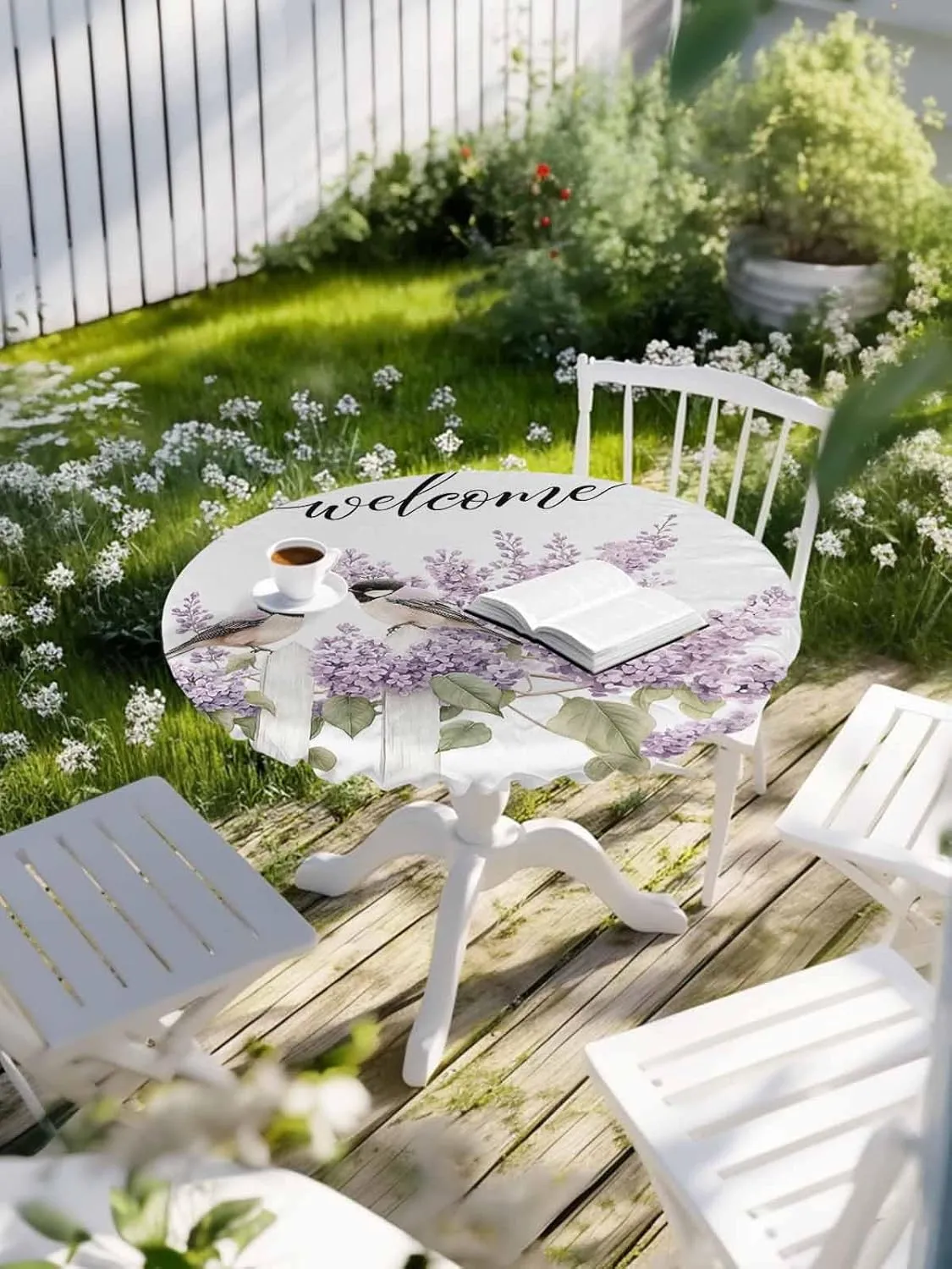 Round Fitted Tablecloth Farm Bird Purple Flowers Waterproof Table Cover for Indoor Outdoor Holiday Party Welcome Summer Lavender Leaves Elastic Edged Tablecloths Fit Up 45"-54" Tables