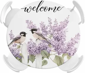 Round Fitted Tablecloth Farm Bird Purple Flowers Waterproof Table Cover for Indoor Outdoor Holiday Party Welcome Summer Lavender Leaves Elastic Edged Tablecloths Fit Up 45"-54" Tables
