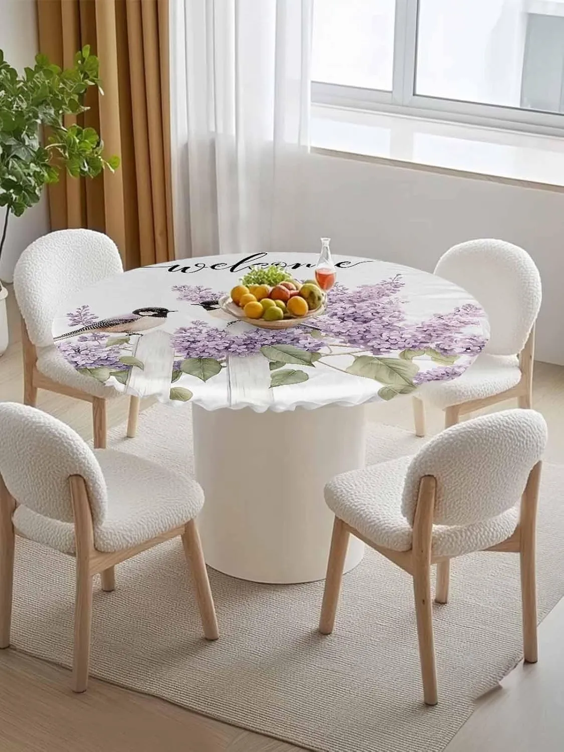 Round Fitted Tablecloth Farm Bird Purple Flowers Waterproof Table Cover for Indoor Outdoor Holiday Party Welcome Summer Lavender Leaves Elastic Edged Tablecloths Fit Up 45"-54" Tables
