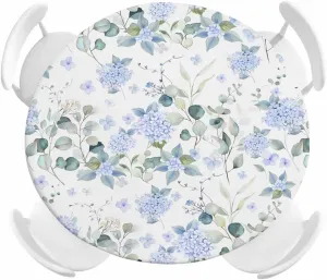 Round Fitted Tablecloth Farmhouse Blue Hydrangea Flower Waterproof Table Cover for Indoor Outdoor Holiday Party Country Eucalyptus Leaves Elastic Edged Tablecloths Fit Up 45"-54" Tables