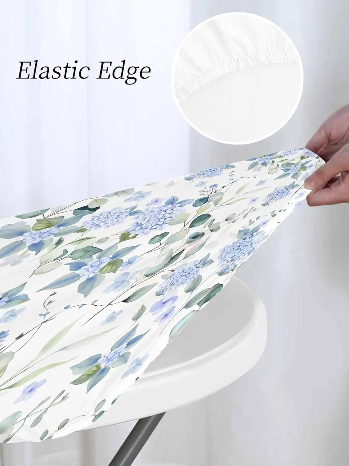 Round Fitted Tablecloth Farmhouse Blue Hydrangea Flower Waterproof Table Cover for Indoor Outdoor Holiday Party Country Eucalyptus Leaves Elastic Edged Tablecloths Fit Up 45"-54" Tables