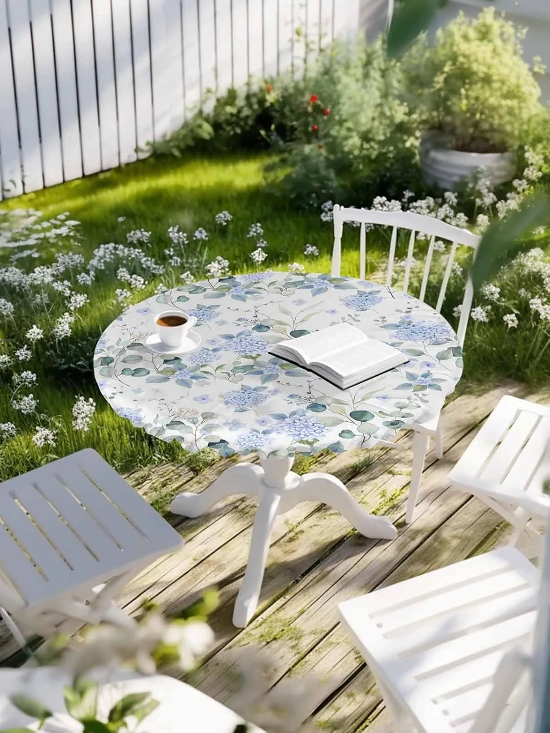 Round Fitted Tablecloth Farmhouse Blue Hydrangea Flower Waterproof Table Cover for Indoor Outdoor Holiday Party Country Eucalyptus Leaves Elastic Edged Tablecloths Fit Up 45"-54" Tables