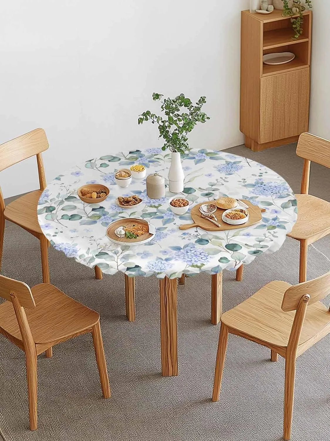 Round Fitted Tablecloth Farmhouse Blue Hydrangea Flower Waterproof Table Cover for Indoor Outdoor Holiday Party Country Eucalyptus Leaves Elastic Edged Tablecloths Fit Up 45"-54" Tables