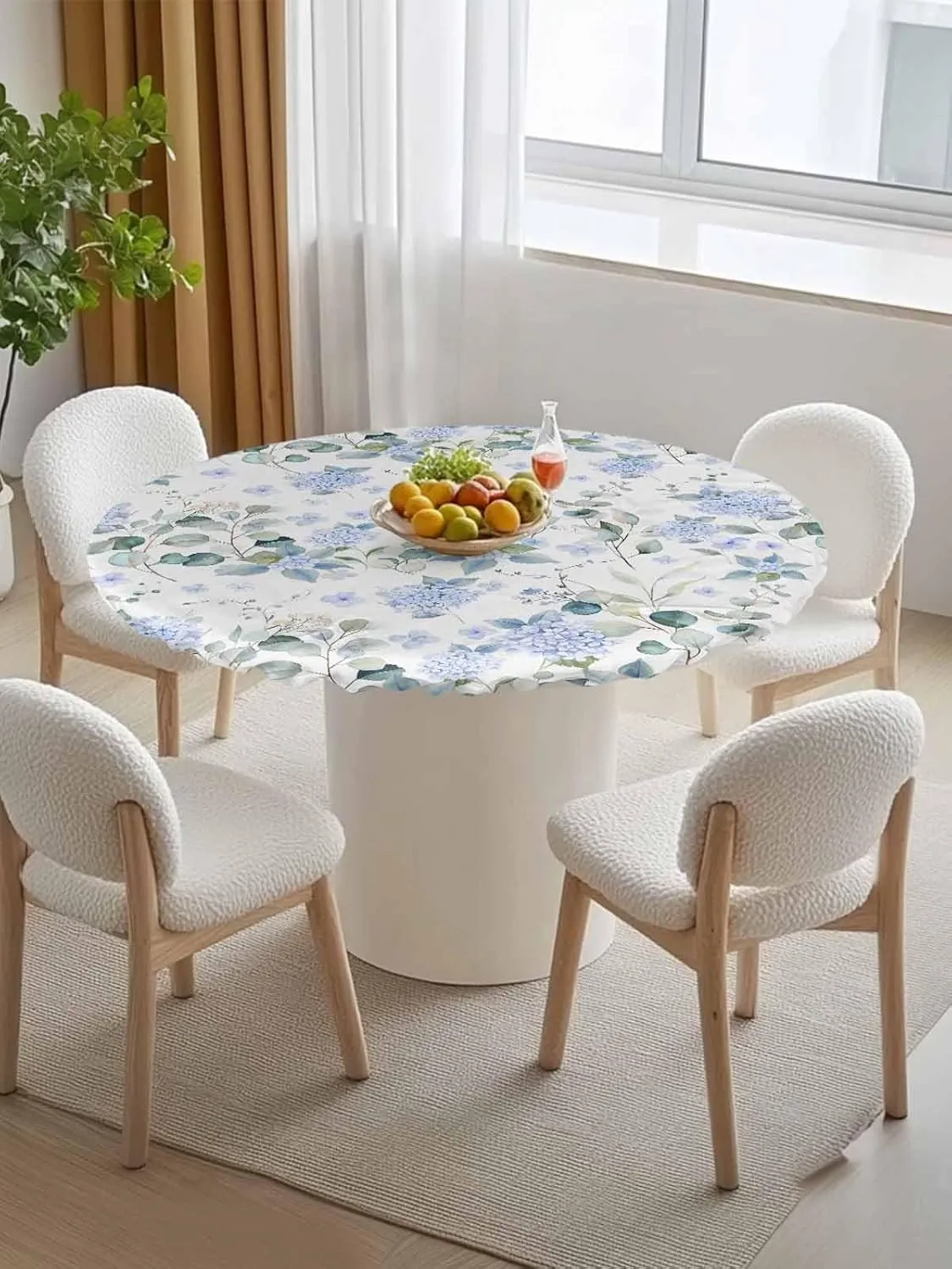 Round Fitted Tablecloth Farmhouse Blue Hydrangea Flower Waterproof Table Cover for Indoor Outdoor Holiday Party Country Eucalyptus Leaves Elastic Edged Tablecloths Fit Up 45"-54" Tables