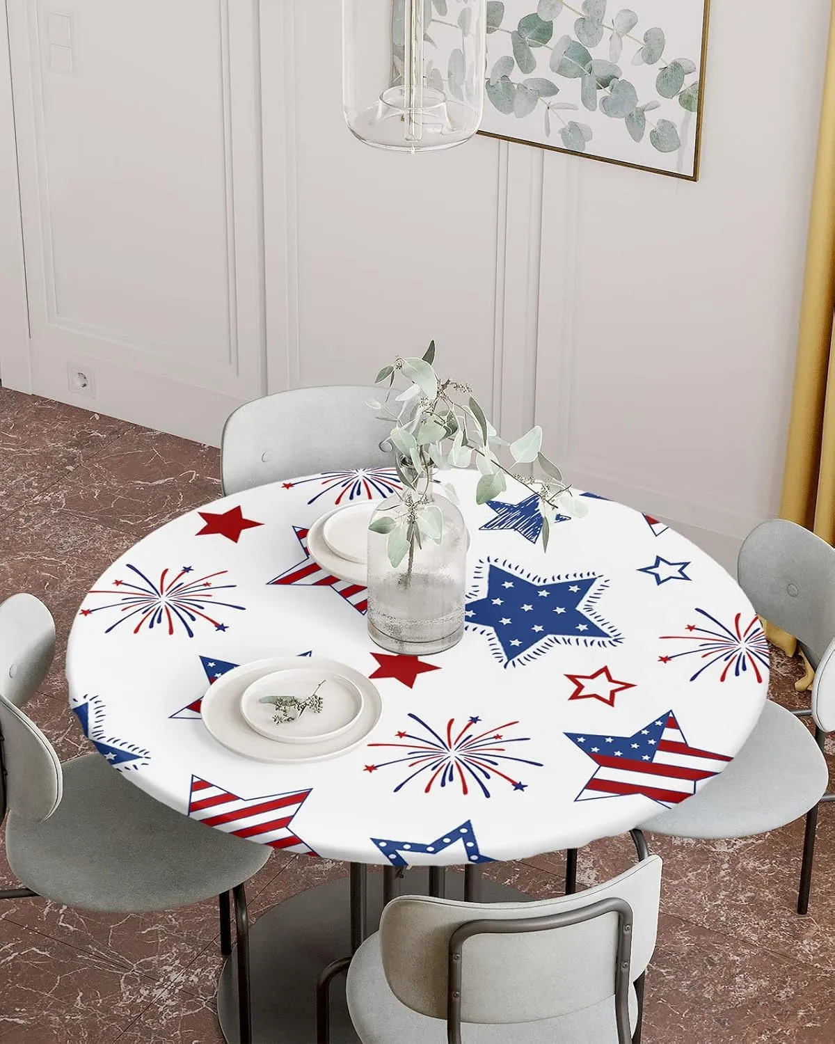 Round Fitted Tablecloth - Patriotic American Flag Stars Waterproof Table Cover for Indoor Outdoor Holiday Party, USA Celebration 4th of July Elastic Edged Tablecloths Fit Up 45"-54" Tables