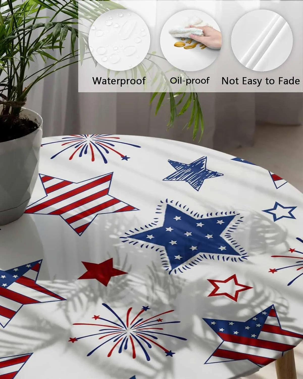 Round Fitted Tablecloth - Patriotic American Flag Stars Waterproof Table Cover for Indoor Outdoor Holiday Party, USA Celebration 4th of July Elastic Edged Tablecloths Fit Up 45"-54" Tables