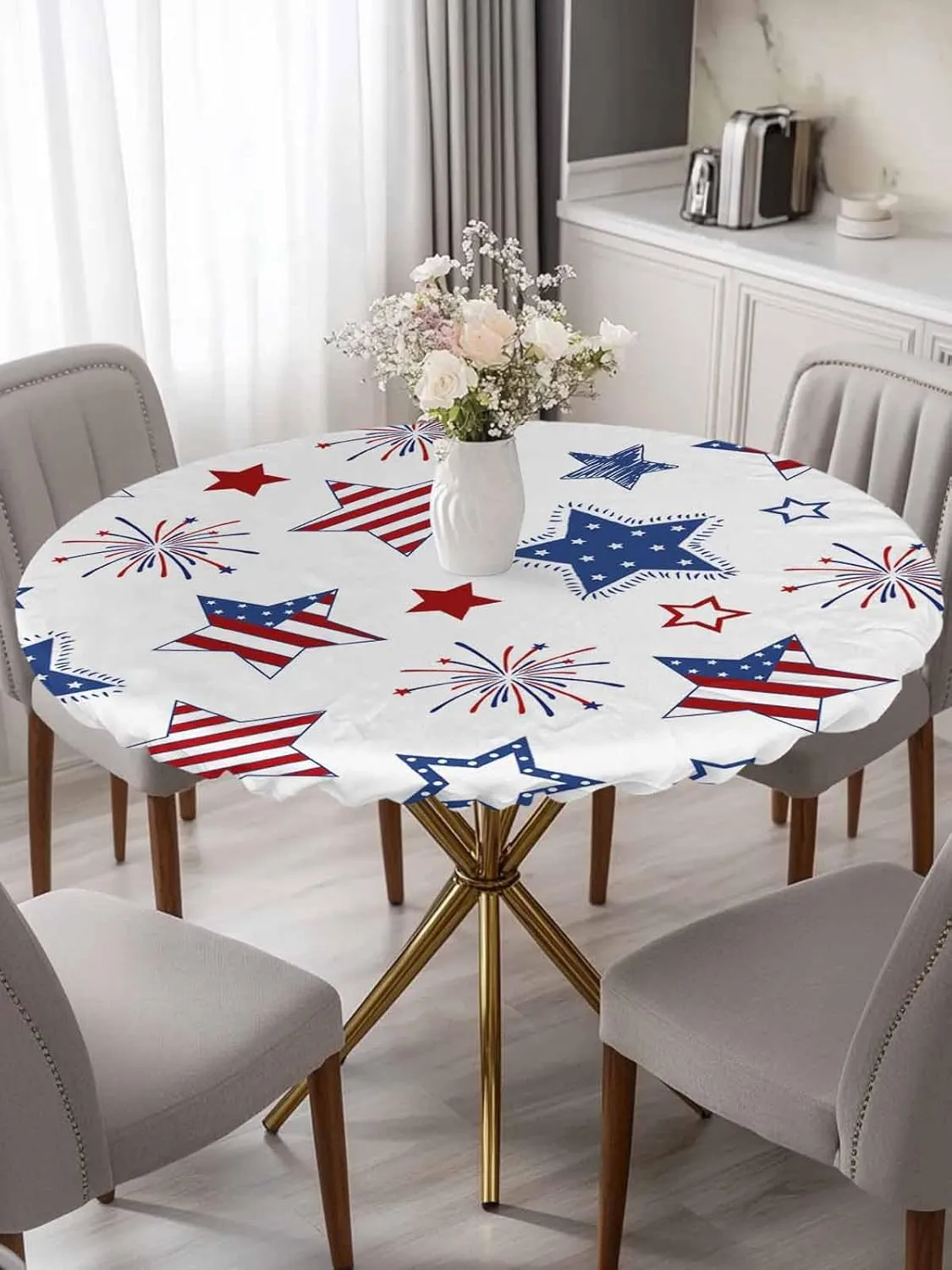 Round Fitted Tablecloth - Patriotic American Flag Stars Waterproof Table Cover for Indoor Outdoor Holiday Party, USA Celebration 4th of July Elastic Edged Tablecloths Fit Up 45"-54" Tables