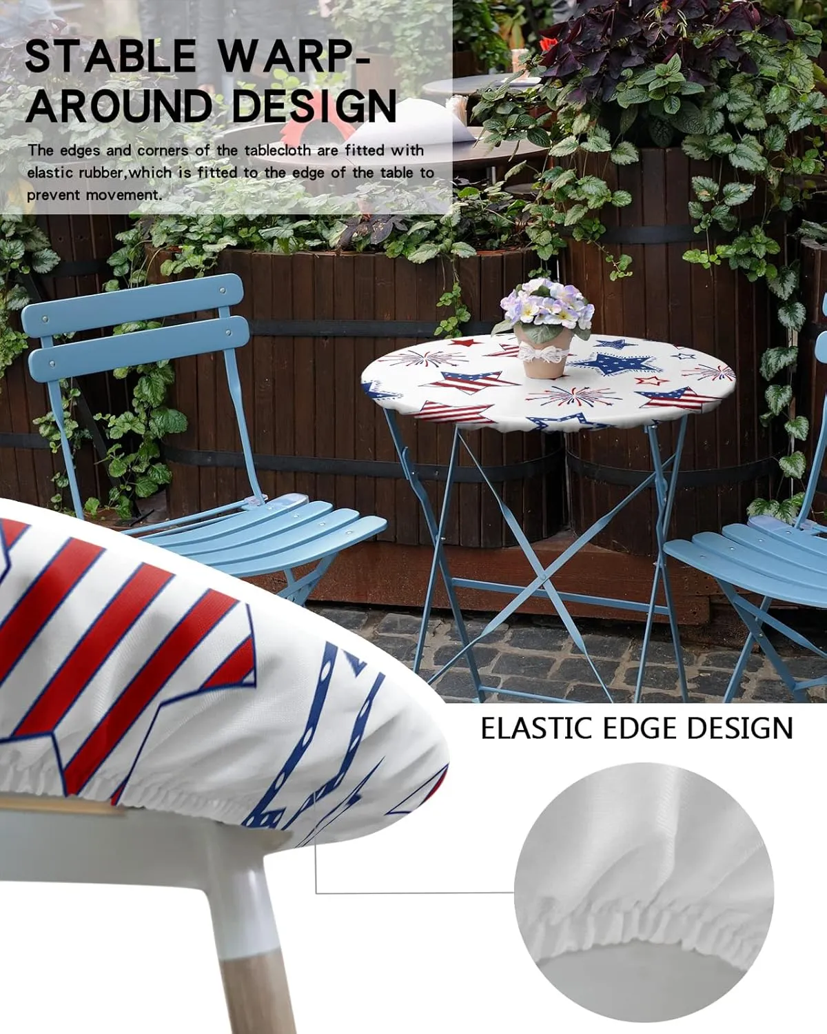 Round Fitted Tablecloth - Patriotic American Flag Stars Waterproof Table Cover for Indoor Outdoor Holiday Party, USA Celebration 4th of July Elastic Edged Tablecloths Fit Up 45"-54" Tables