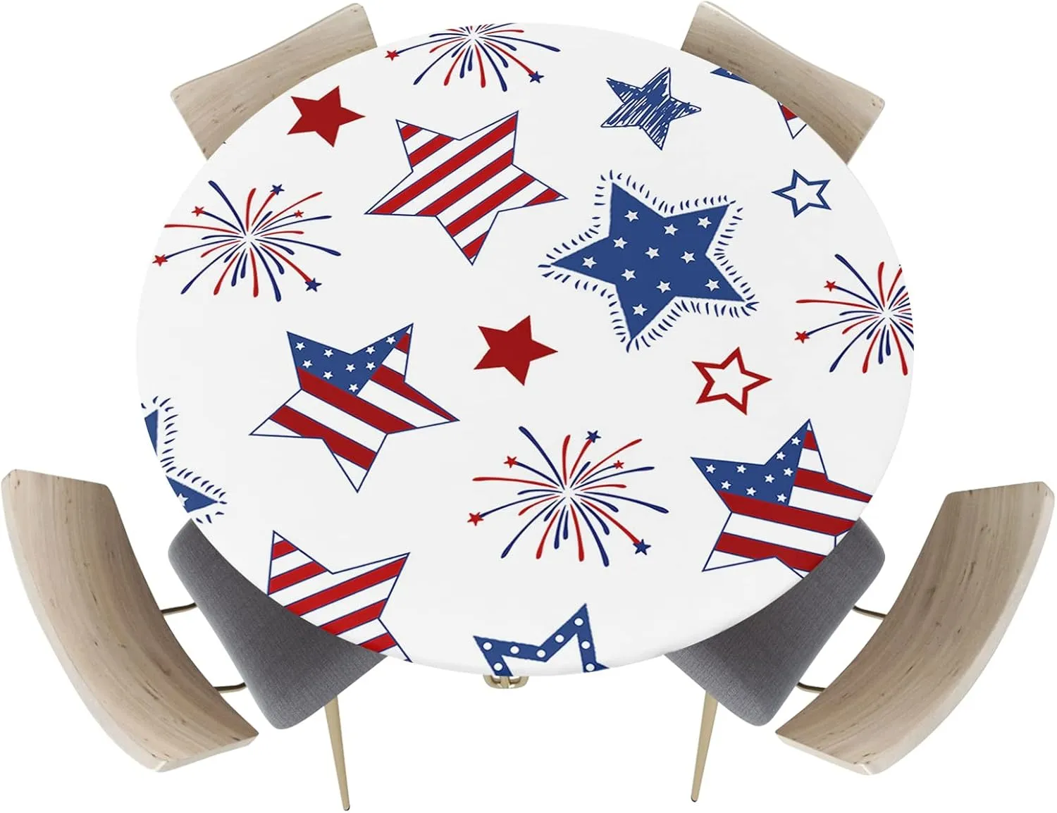 Round Fitted Tablecloth - Patriotic American Flag Stars Waterproof Table Cover for Indoor Outdoor Holiday Party, USA Celebration 4th of July Elastic Edged Tablecloths Fit Up 45"-54" Tables