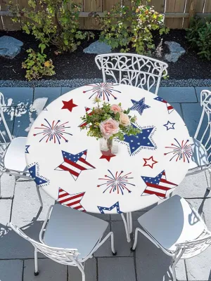 Round Fitted Tablecloth - Patriotic American Flag Stars Waterproof Table Cover for Indoor Outdoor Holiday Party, USA Celebration 4th of July Elastic Edged Tablecloths Fit Up 45"-54" Tables