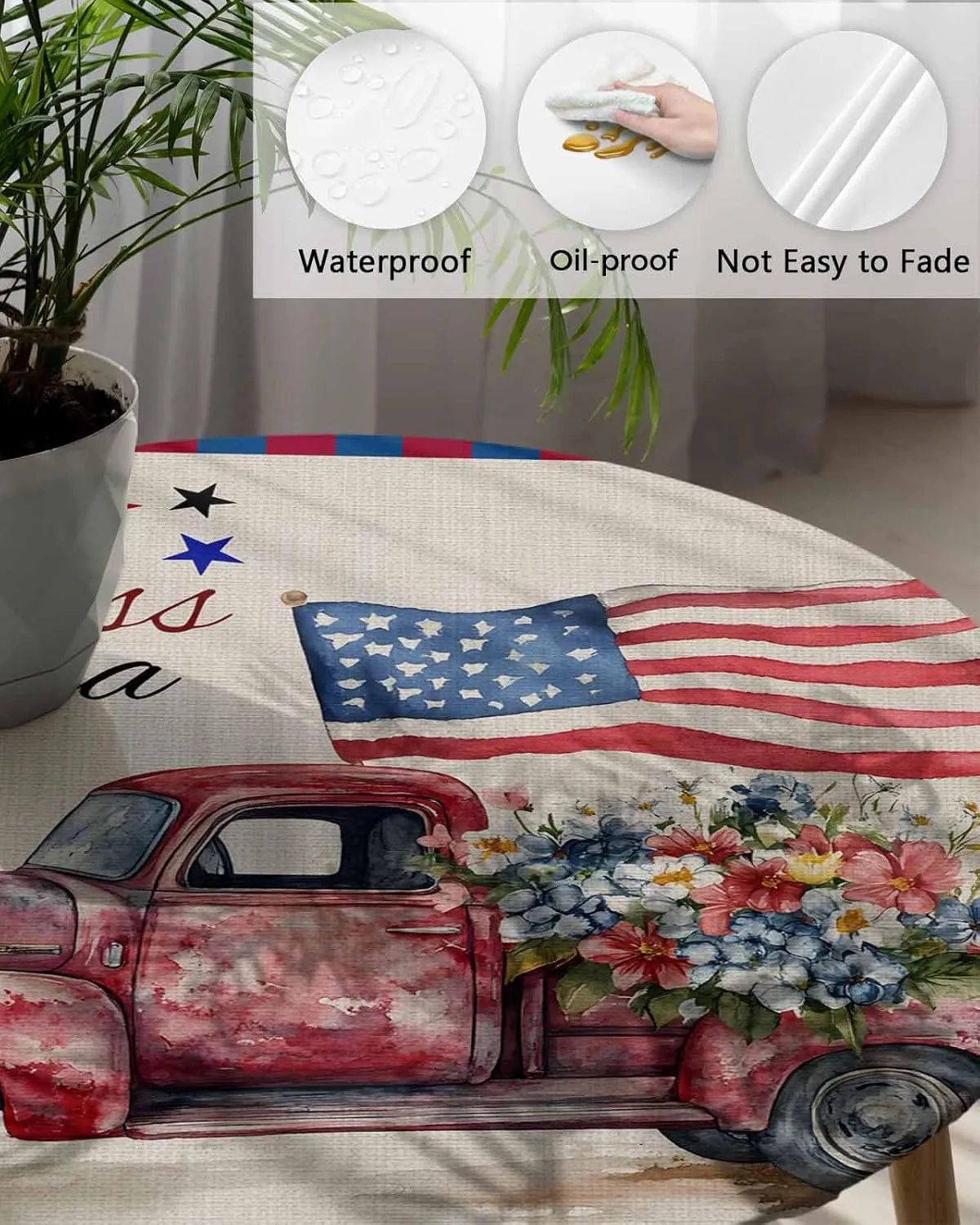 Round Fitted Tablecloth - Retro Patriotic God Bless America Waterproof Table Cover for Indoor Outdoor Holiday Party, USA Flag Truck Plaid Elastic Edged Tablecloths Fit Up 45"-54" Tables