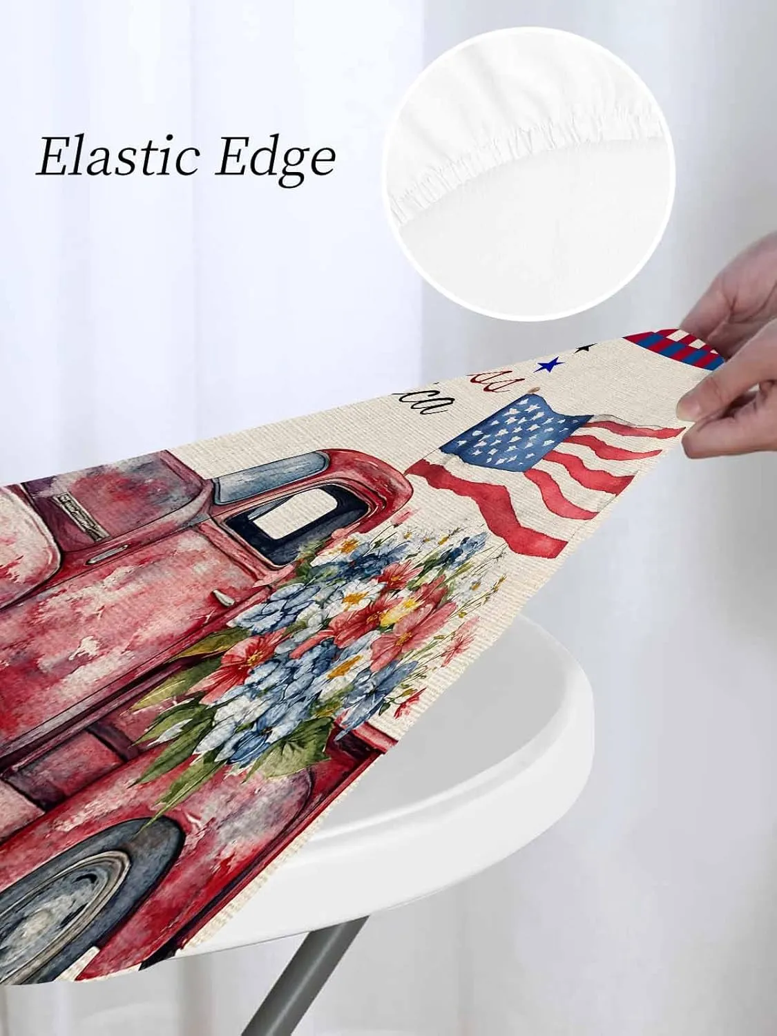 Round Fitted Tablecloth - Retro Patriotic God Bless America Waterproof Table Cover for Indoor Outdoor Holiday Party, USA Flag Truck Plaid Elastic Edged Tablecloths Fit Up 45"-54" Tables