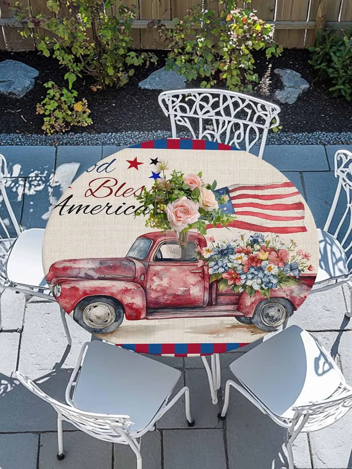Round Fitted Tablecloth - Retro Patriotic God Bless America Waterproof Table Cover for Indoor Outdoor Holiday Party, USA Flag Truck Plaid Elastic Edged Tablecloths Fit Up 45"-54" Tables