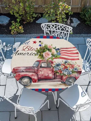 Round Fitted Tablecloth - Retro Patriotic God Bless America Waterproof Table Cover for Indoor Outdoor Holiday Party, USA Flag Truck Plaid Elastic Edged Tablecloths Fit Up 45"-54" Tables