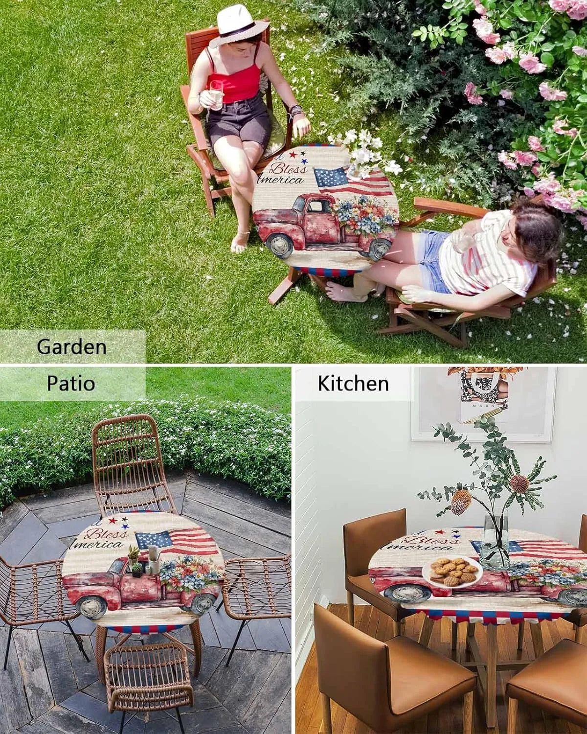 Round Fitted Tablecloth - Retro Patriotic God Bless America Waterproof Table Cover for Indoor Outdoor Holiday Party, USA Flag Truck Plaid Elastic Edged Tablecloths Fit Up 45"-54" Tables