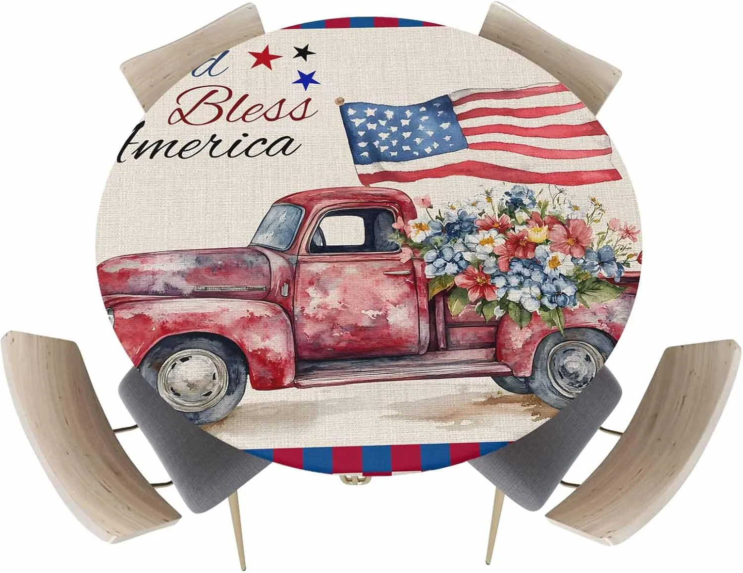 Round Fitted Tablecloth - Retro Patriotic God Bless America Waterproof Table Cover for Indoor Outdoor Holiday Party, USA Flag Truck Plaid Elastic Edged Tablecloths Fit Up 45"-54" Tables