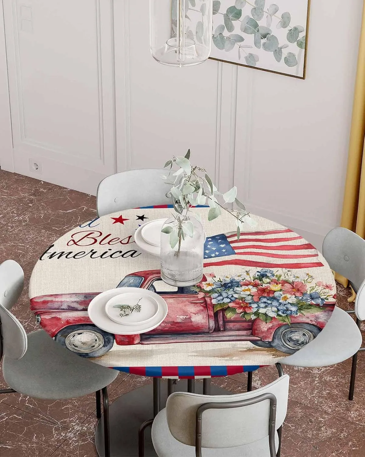 Round Fitted Tablecloth - Retro Patriotic God Bless America Waterproof Table Cover for Indoor Outdoor Holiday Party, USA Flag Truck Plaid Elastic Edged Tablecloths Fit Up 45"-54" Tables
