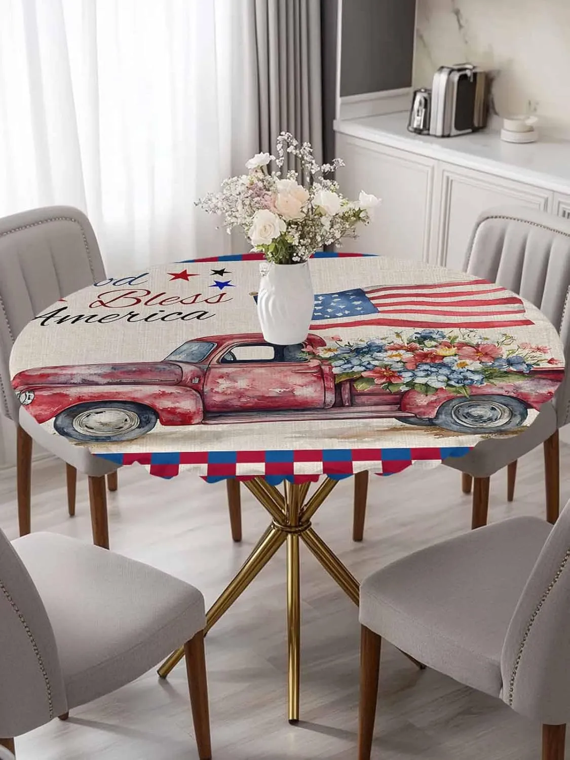 Round Fitted Tablecloth - Retro Patriotic God Bless America Waterproof Table Cover for Indoor Outdoor Holiday Party, USA Flag Truck Plaid Elastic Edged Tablecloths Fit Up 45"-54" Tables