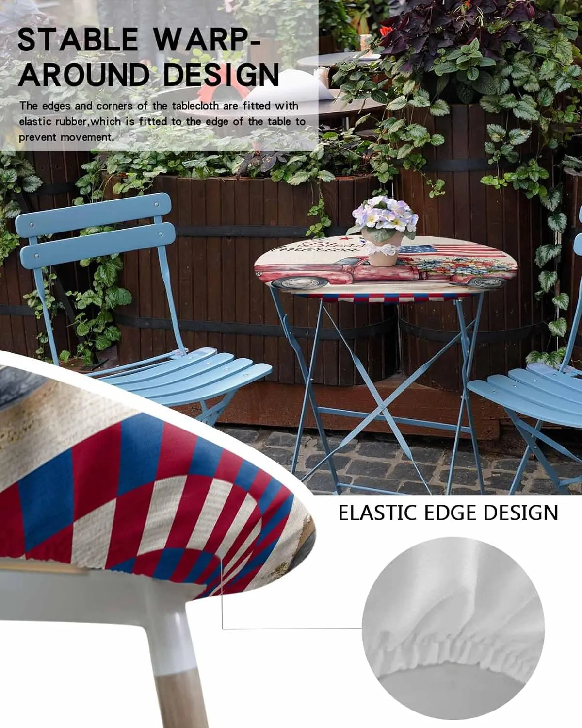 Round Fitted Tablecloth - Retro Patriotic God Bless America Waterproof Table Cover for Indoor Outdoor Holiday Party, USA Flag Truck Plaid Elastic Edged Tablecloths Fit Up 45"-54" Tables