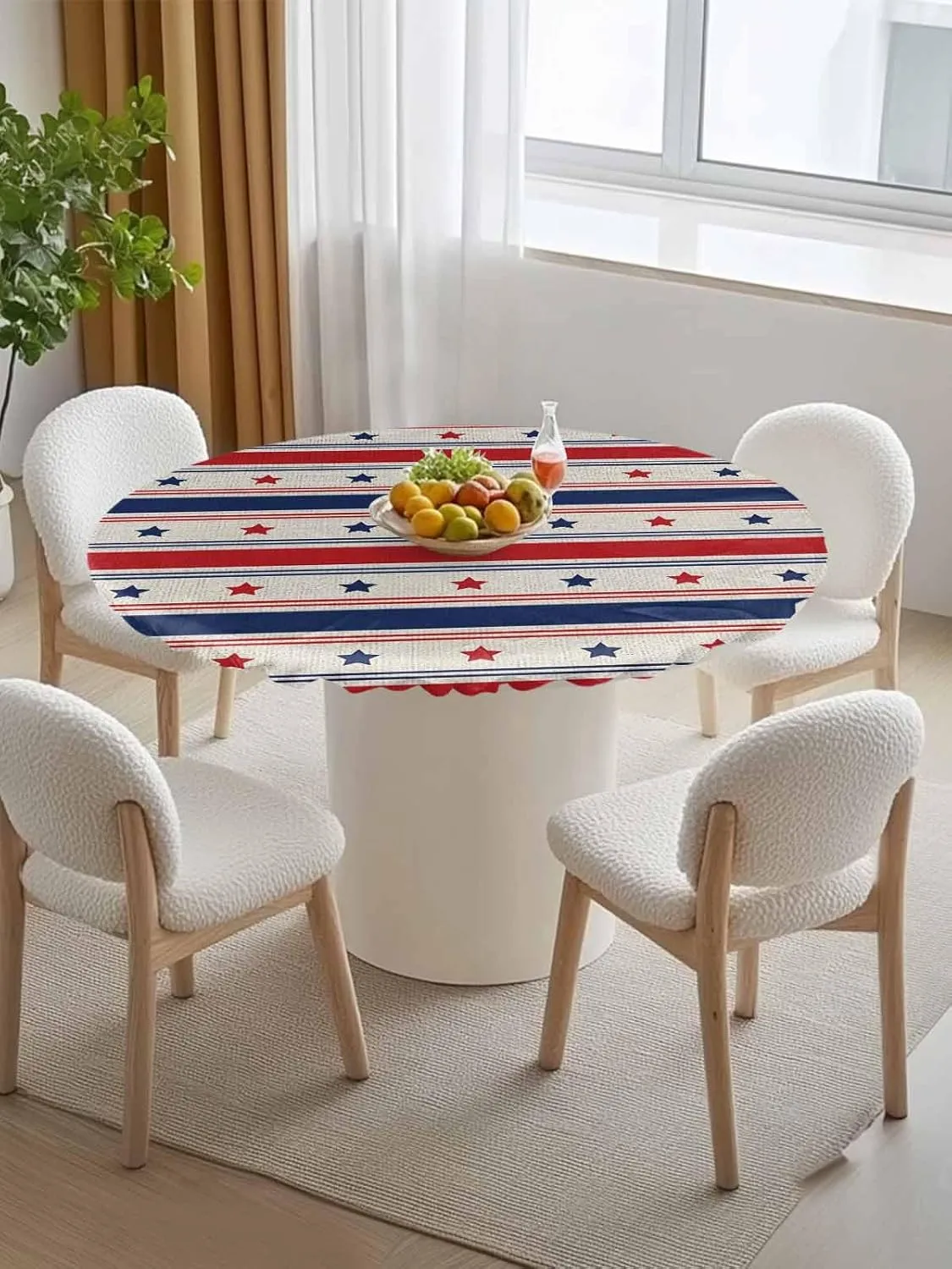 Round Fitted Tablecloth Retro Red and Blue Stars Stripes Waterproof Table Cover for Indoor Outdoor Holiday Party 4 of July Independence Day Elastic Edged Tablecloths Fit Up 45"-54" Tables