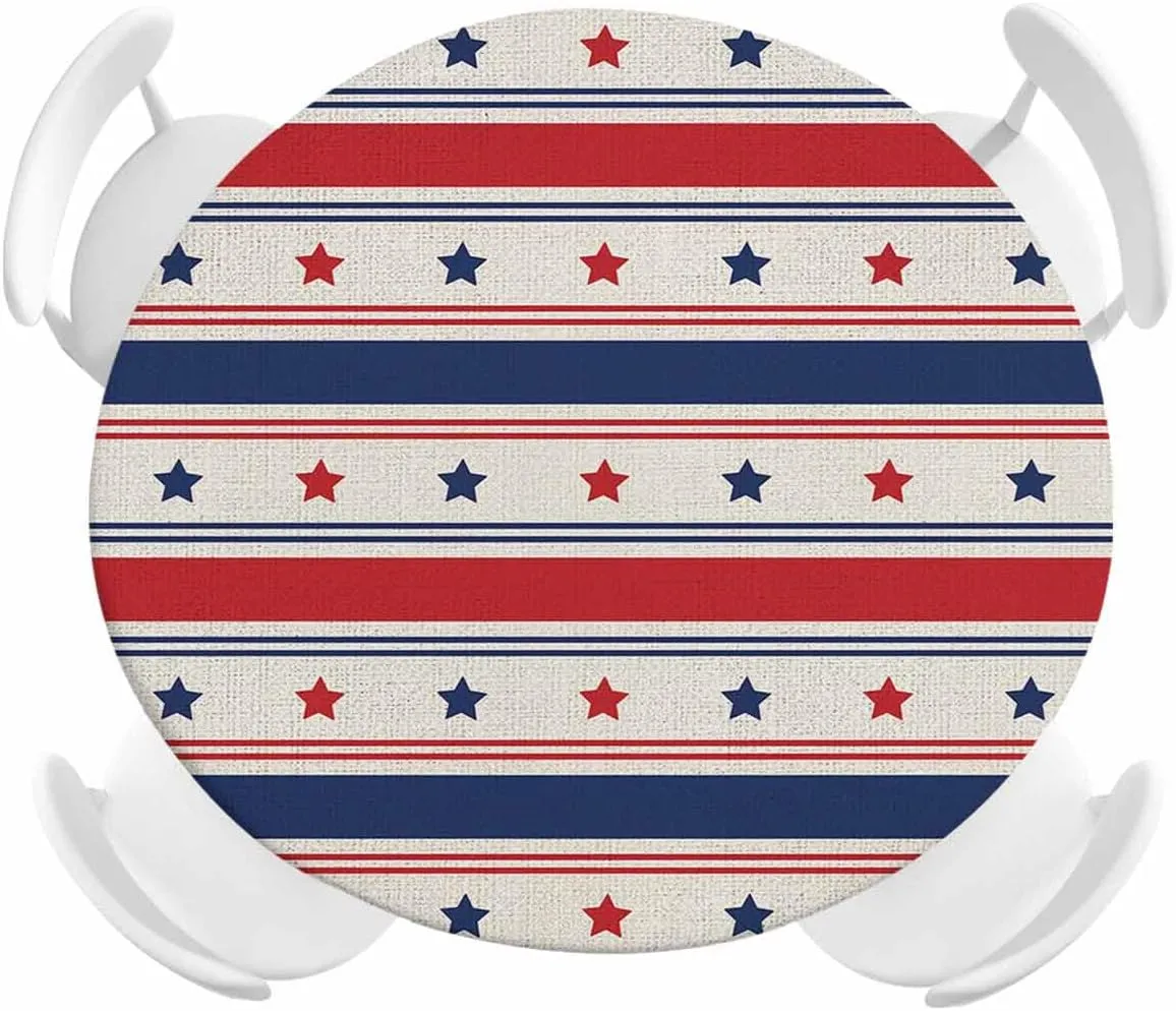Round Fitted Tablecloth Retro Red and Blue Stars Stripes Waterproof Table Cover for Indoor Outdoor Holiday Party 4 of July Independence Day Elastic Edged Tablecloths Fit Up 45"-54" Tables