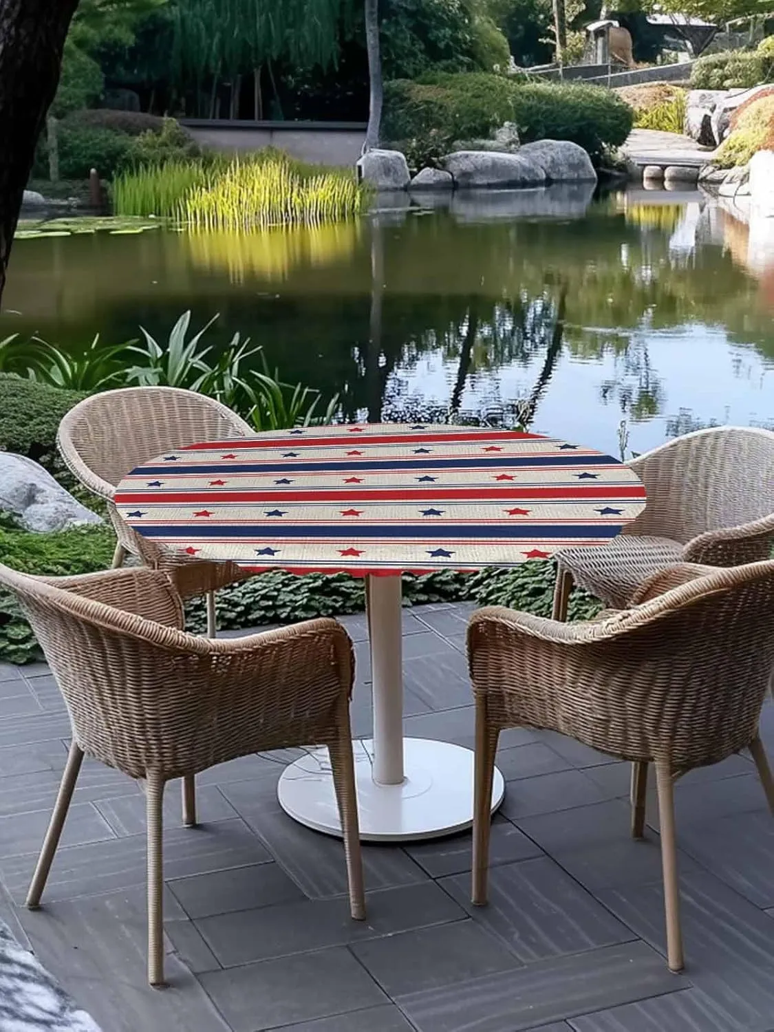 Round Fitted Tablecloth Retro Red and Blue Stars Stripes Waterproof Table Cover for Indoor Outdoor Holiday Party 4 of July Independence Day Elastic Edged Tablecloths Fit Up 45"-54" Tables