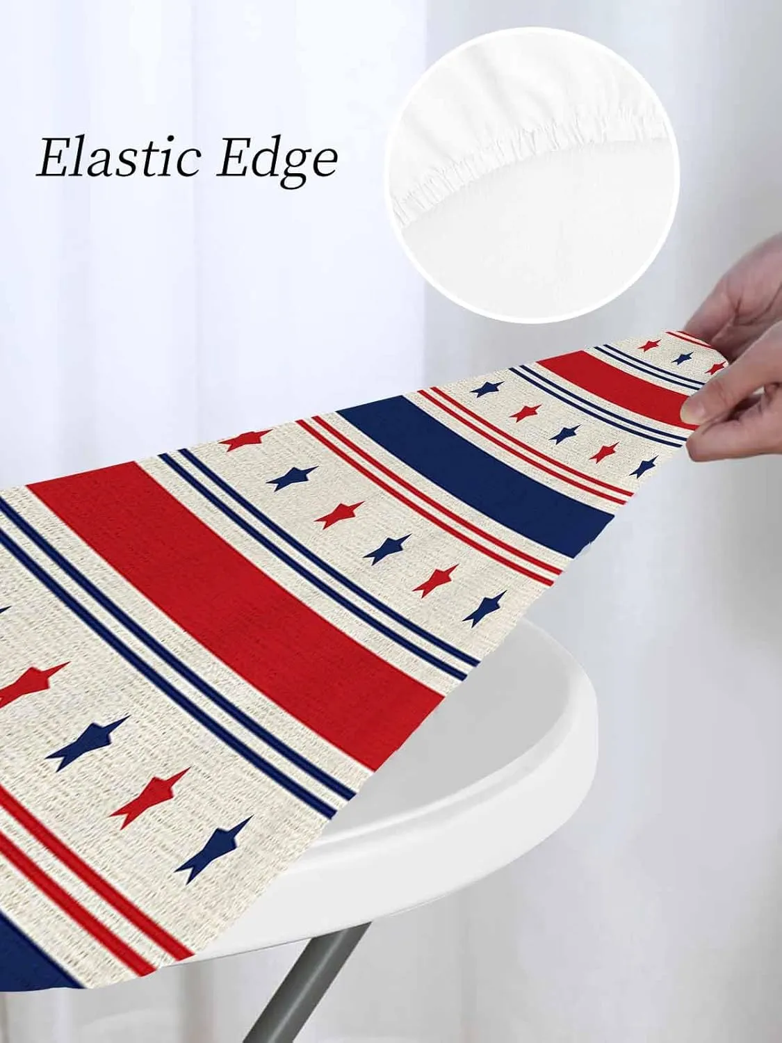 Round Fitted Tablecloth Retro Red and Blue Stars Stripes Waterproof Table Cover for Indoor Outdoor Holiday Party 4 of July Independence Day Elastic Edged Tablecloths Fit Up 45"-54" Tables