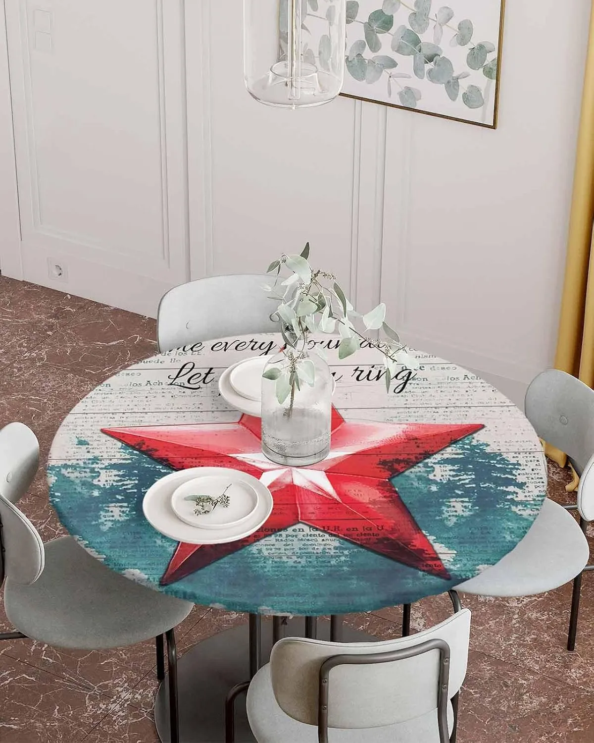 Round Fitted Tablecloth - Retro Shabby Patriotic Star Waterproof Table Cover for Indoor Outdoor Holiday Party, 4th of July Independence Day Elastic Edged Tablecloths Fit Up 55"-60" Tables