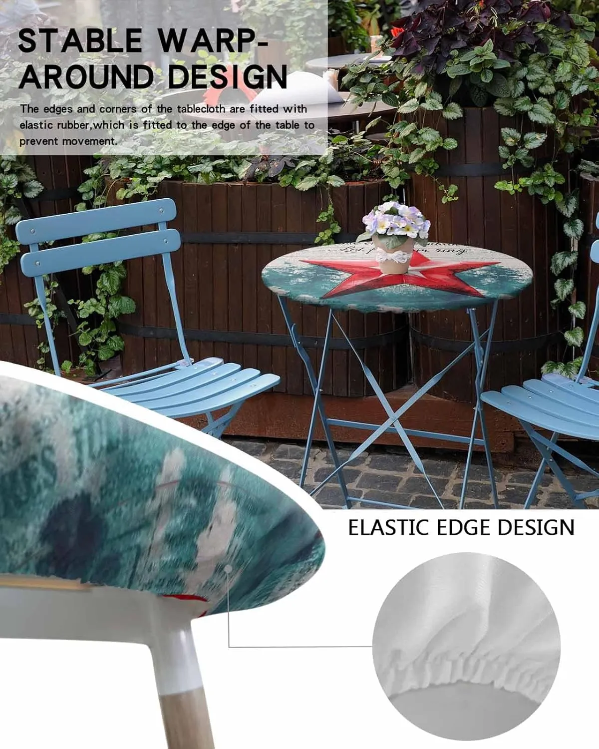 Round Fitted Tablecloth - Retro Shabby Patriotic Star Waterproof Table Cover for Indoor Outdoor Holiday Party, 4th of July Independence Day Elastic Edged Tablecloths Fit Up 55"-60" Tables