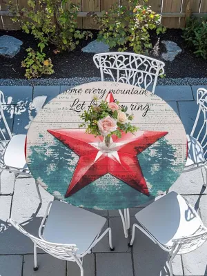 Round Fitted Tablecloth - Retro Shabby Patriotic Star Waterproof Table Cover for Indoor Outdoor Holiday Party, 4th of July Independence Day Elastic Edged Tablecloths Fit Up 55"-60" Tables