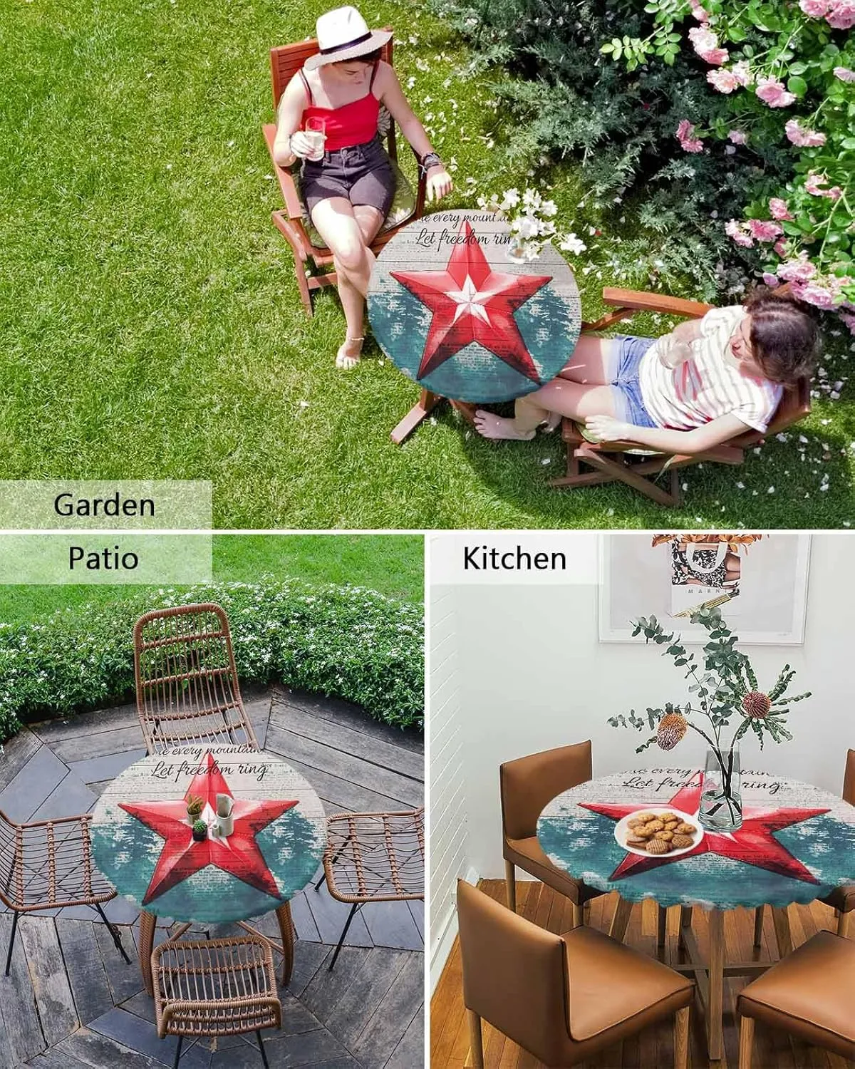 Round Fitted Tablecloth - Retro Shabby Patriotic Star Waterproof Table Cover for Indoor Outdoor Holiday Party, 4th of July Independence Day Elastic Edged Tablecloths Fit Up 55"-60" Tables