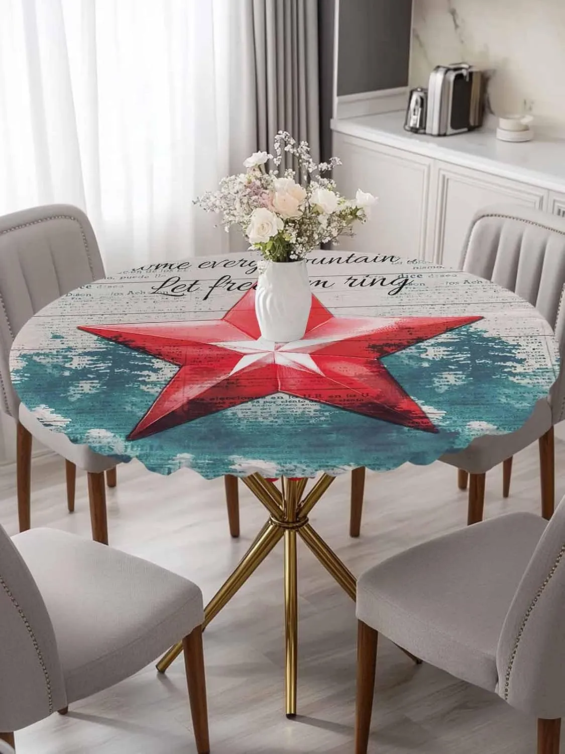 Round Fitted Tablecloth - Retro Shabby Patriotic Star Waterproof Table Cover for Indoor Outdoor Holiday Party, 4th of July Independence Day Elastic Edged Tablecloths Fit Up 55"-60" Tables