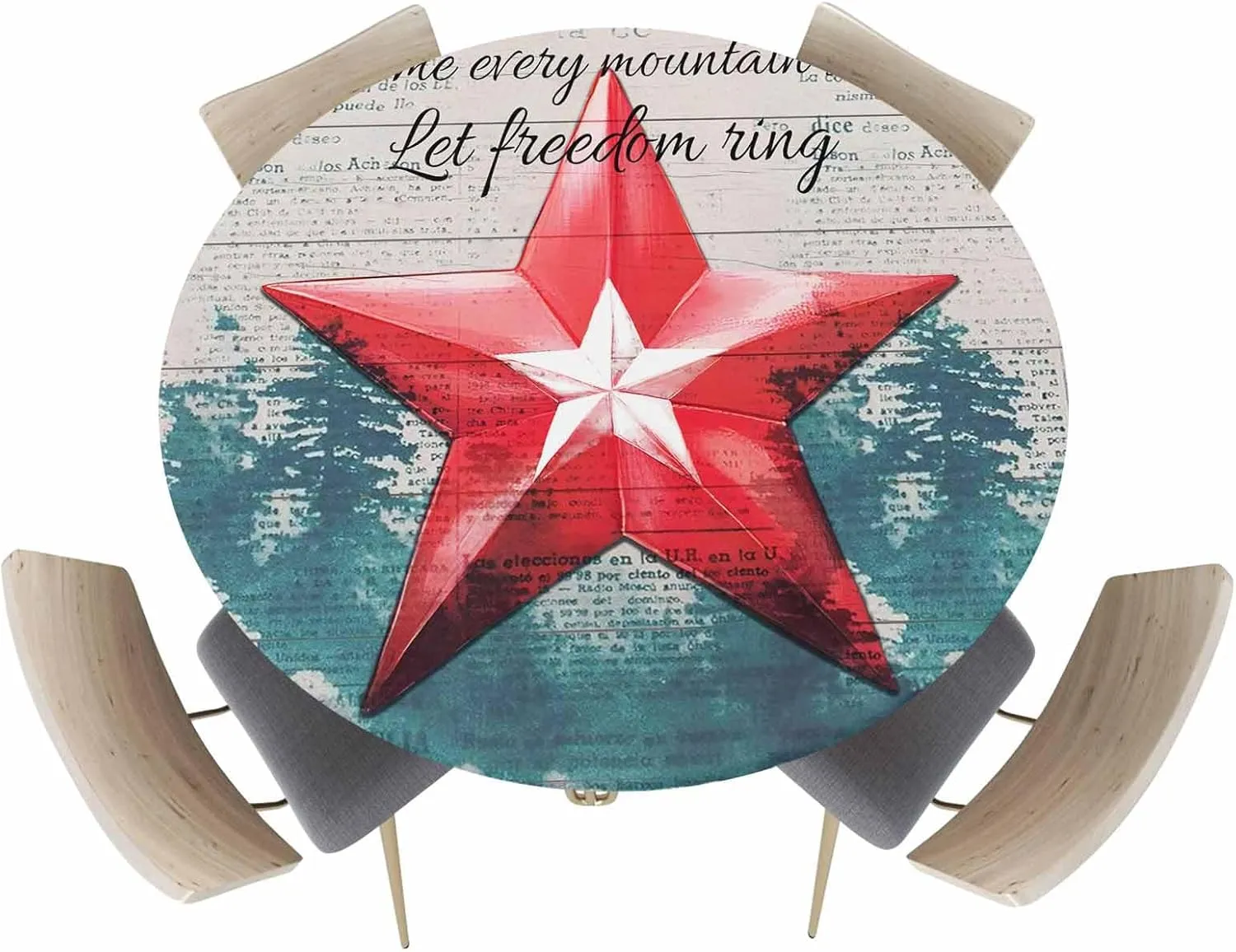 Round Fitted Tablecloth - Retro Shabby Patriotic Star Waterproof Table Cover for Indoor Outdoor Holiday Party, 4th of July Independence Day Elastic Edged Tablecloths Fit Up 55"-60" Tables