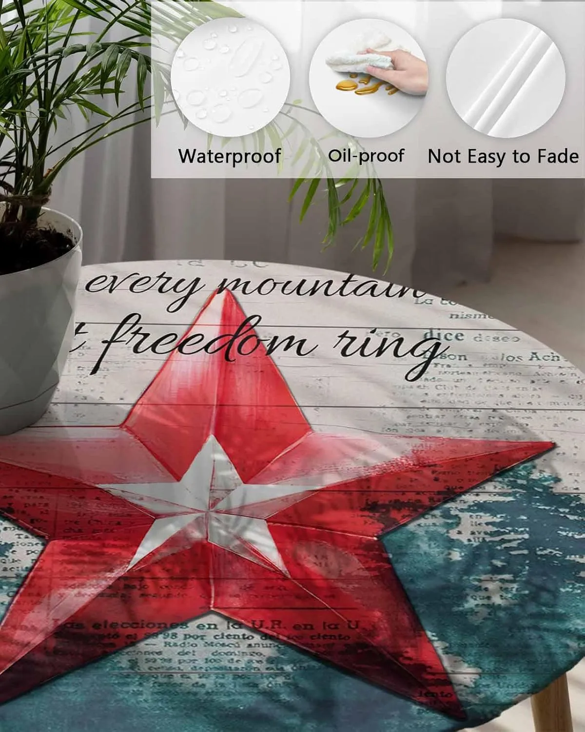 Round Fitted Tablecloth - Retro Shabby Patriotic Star Waterproof Table Cover for Indoor Outdoor Holiday Party, 4th of July Independence Day Elastic Edged Tablecloths Fit Up 55"-60" Tables