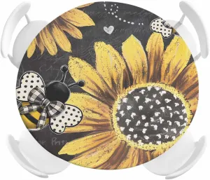 Round Fitted Tablecloth Retro Sunflower Bee on Black Background Waterproof Table Cover for Indoor Outdoor Holiday Party Farm Vintage Floral Elastic Edged Tablecloths Fit Up 45"-54" Tables