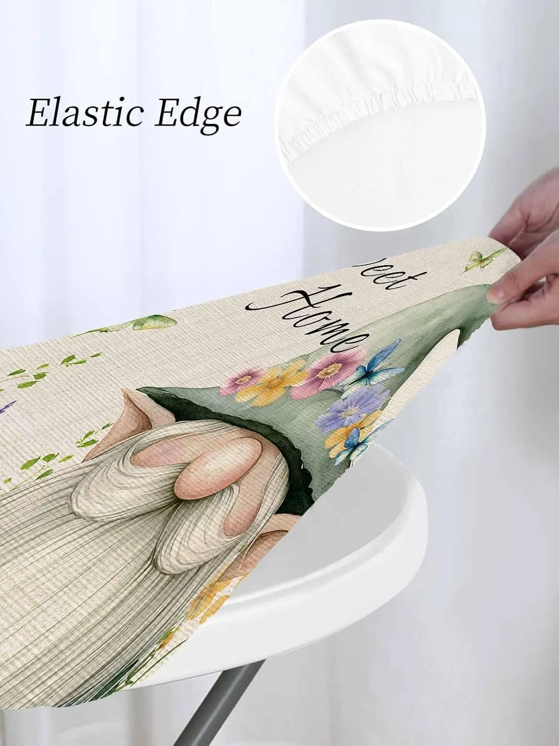 Round Fitted Tablecloth - Summer Funny Dwarf Waterproof Table Cover for Indoor Outdoor Holiday Party, Rustic Flowers Butterfly Gnome Elastic Edged Tablecloths Fit Up 45"-54" Tables
