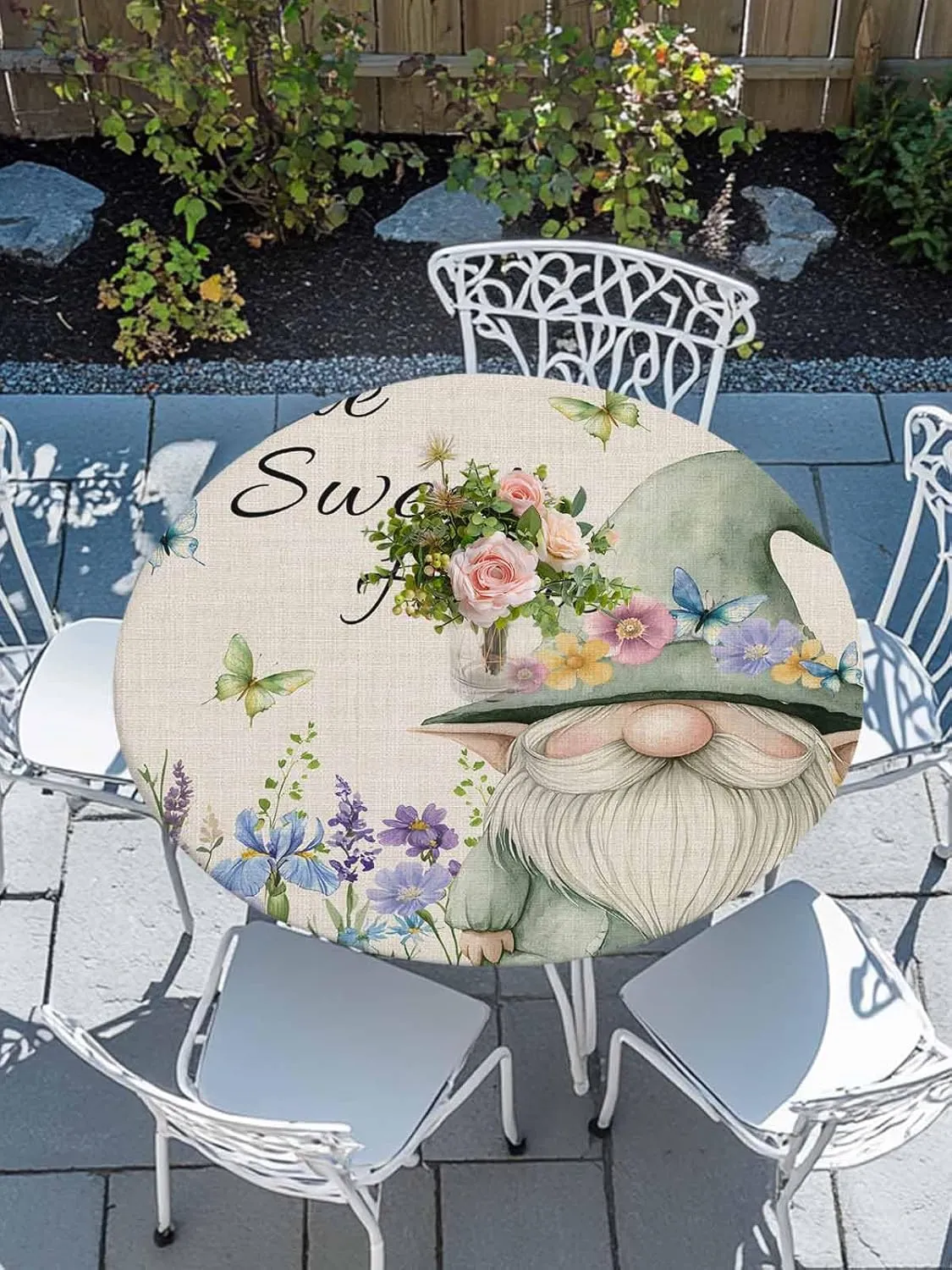 Round Fitted Tablecloth - Summer Funny Dwarf Waterproof Table Cover for Indoor Outdoor Holiday Party, Rustic Flowers Butterfly Gnome Elastic Edged Tablecloths Fit Up 45"-54" Tables